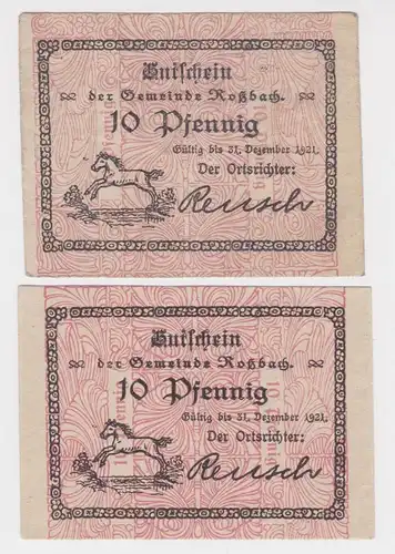 2 x 10 Pfennig Banknoten Notgeld Gemeinde Roßbach o.D. (1920) (162698)