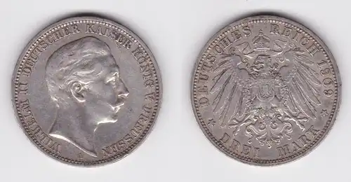 3 Mark Silbermünze Preussen Kaiser Wilhelm II 1909 A Jäger 103 ss (104281)