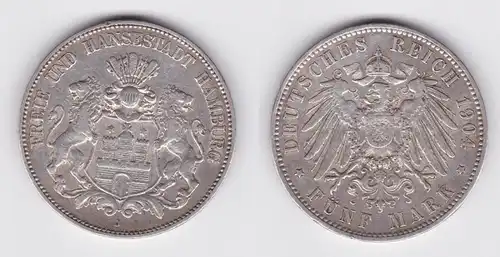 5 Mark Silbermünze Freie und Hansesatdt Hamburg 1904 Jäger 65 ss (103393)