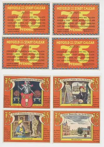 4 x 75 Pfennig Banknoten Notgeld Stadt Calcar 1922 (153322)