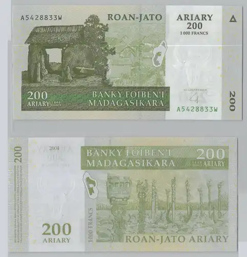 1000 Francs = 200 Ariary Banknote Madagaskar Madagasikara 2004 (153587)