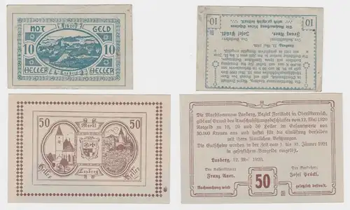 10 und 50 Heller Banknoten Lasberg 12.05.1920 (132040)