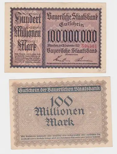 100 Millionen Mark Banknote Bayerische Staatsbank München 20.9.1923 (153073)