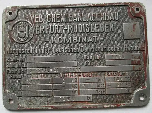 Typen Reklame Metall Plakette VEB Chemieanlagenbau Rudisleben (117503)