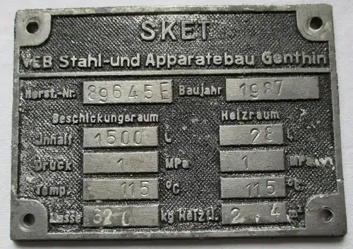 Typen Reklame Metall Plakette SKET VEB Apparatebau Genthin 1987 (112826)