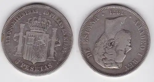 5 Pesetas Silber Münze Spanien Amadeo I. 1871 (118711)