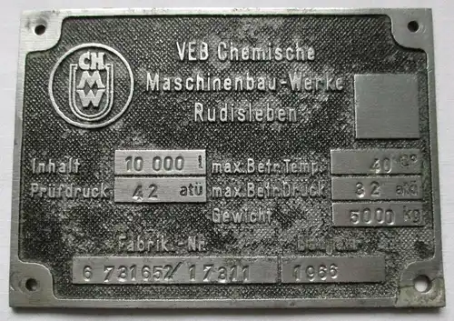 Typen Reklame Metall Plakette VEB Maschinenbau Werke Rudisleben (111723)