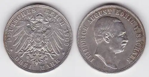 3 Mark Silber Münze Sachsen König Friedrich August 1909 (115639)