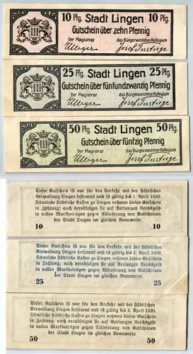 10, 25 & 50 Pfennig Banknoten Stadt Lingen 1920 (120361)