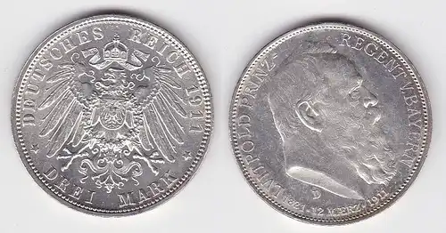 3 Mark Silbermünze Bayern Prinzregent Luitpold 1911 Jäger 49  (118992)