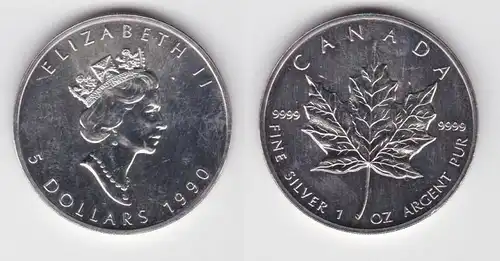 5 Dollar Silber Münze Canada Kanada Maple Leaf 1990 1 Unze Feinsilber (130316)