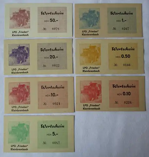 7 Banknoten 0,10 bis 50 Mark DDR LPG Geld "Frieden" Kleinbrembach (156219)