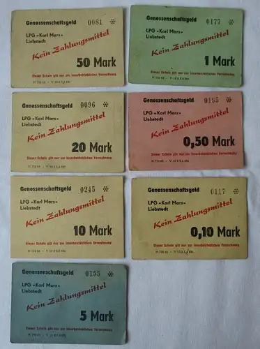 7 Banknoten 0,10 bis 50 Mark DDR LPG Geld "Karl Marx" Liebstedt  (155468)