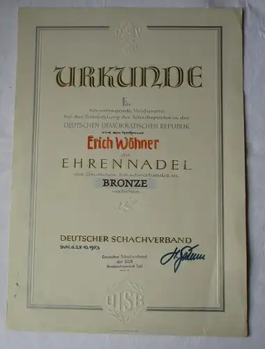 DDR Urkunde Ehrennadel des Deutschen Schachverbandes in Bronze 1973 (165126)