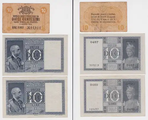 10 Centesimi & 2 x 10 Lire Banknoten Italien 1918/1940 Pick 25 und M2 (131397)