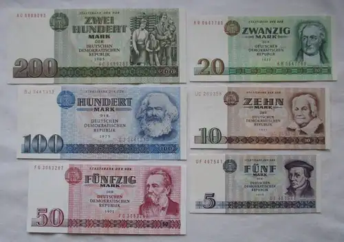 6 x Banknoten 5 bis 200 Mark DDR 1971-85 kassenfrisch  (160925)