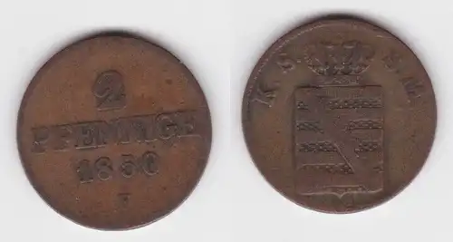 2 Pfennig Kupfer Münze Sachsen 1850 F f.ss (143006)