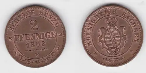 2 Pfennig Kupfer Münze Sachsen 1863 B vz+ (143404)