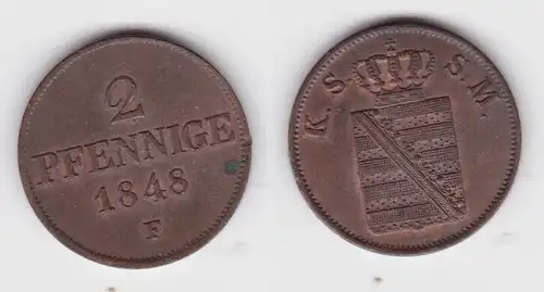 2 Pfennig Kupfer Münze Sachsen 1848 F vz (142880)