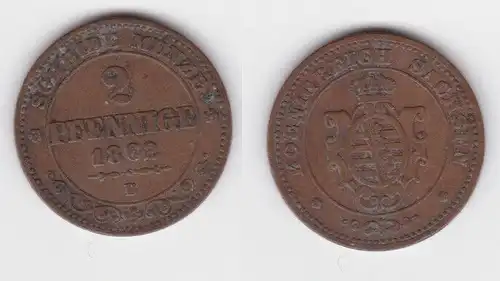 2 Pfennig Kupfer Münze Sachsen 1862 B ss (142971)