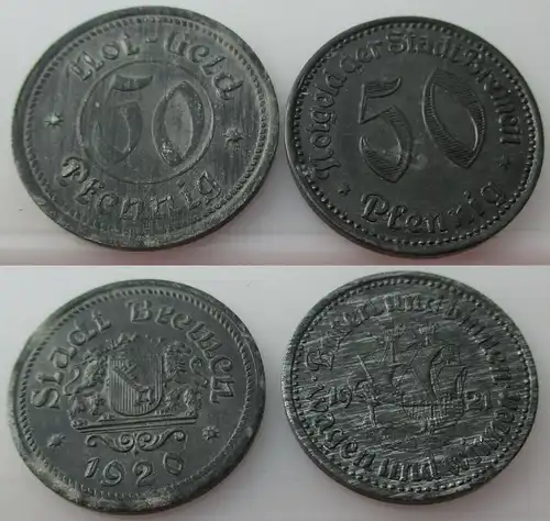2 x 50 Pfennig Zink Notmünze Notgeld Bremen 1920/1921 (143264)