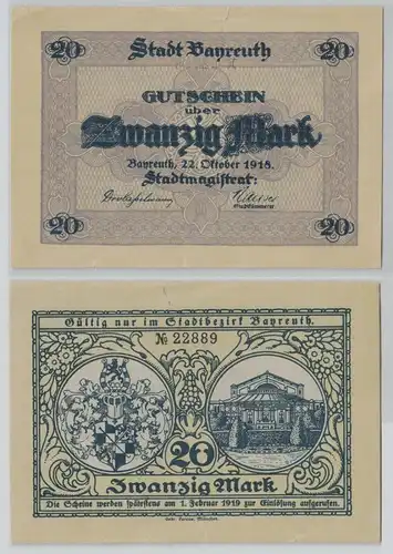 20 Mark Banknote Großnotgeld Stadt Bayreuth 22.10.1918 (153272)