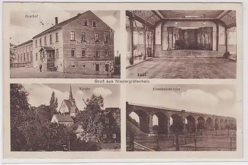 904273 Mehrbild Ak Gruß aus Niedergräfenhain Gasthof Kirche Eisenbahnbrücke 1933