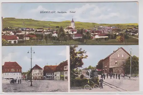904162 Mehrbild Ak Bernstadt in Sachsen Bahnhof und Ortsansichten um 1920