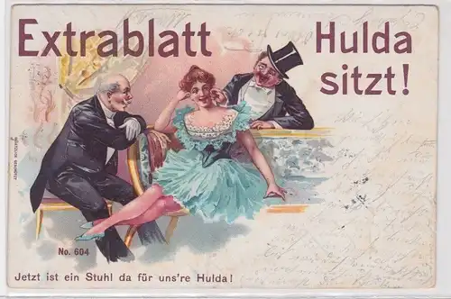 904982 Humor Ak "Extrablatt - Hulda sitzt!" Jetzt ist ein Stuhl da für ... 1899