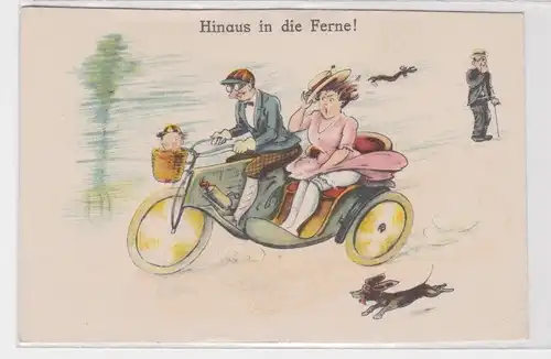 904981 Humor Ak "Hinaus in die Ferne!" Seitenwagenmotorrad um 1930