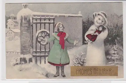 904975 Frohes Neujahr Ak Kind mit Schneemann und Puppe 1909