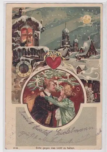 904976 AK Prosit Neujahr "Bitte gegen das Licht zu halten" Winteridyll 1902