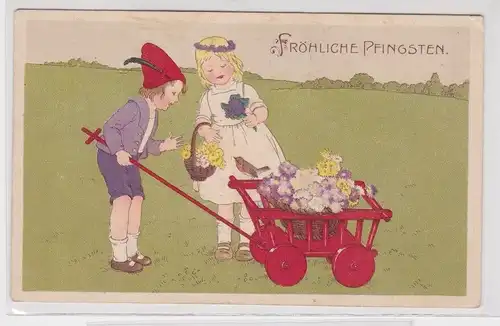 904973 Fröhliche Pfingsten Ak 2 Kinder mit Handwagen voll Blumen 1918