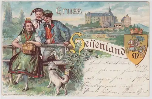 902369 Lithografie AK Gruss aus dem Hessenland - 3 Personen in Volkstracht 1899