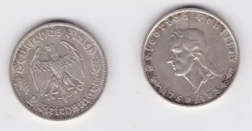 2 Mark Silber Münze Friedrich von Schiller 1934 F ss (155101)