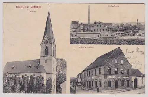 902535 Mehrbild Ak Gruß aus Belleben Zuckerfabrik, Kirche, Gasthof 1910
