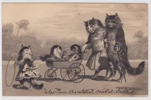 65641 Präge Ak Katzenfamilie schiebt Kinderwagen mit Kätzchen um 1900