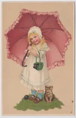 81056 Ak Kind mit Regenschirm, Nähkörbchen und Kätzchen 1905