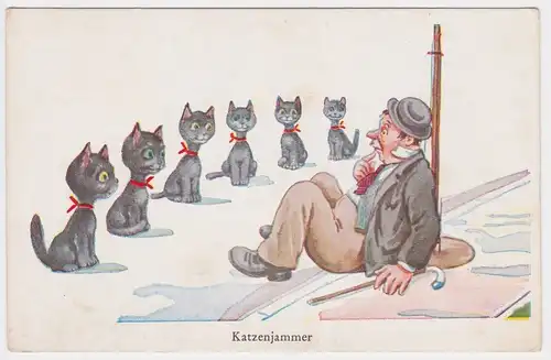 96896 Humor Ak "Katzenjammer" Betrunkener sieht 6 Katzen um 1930