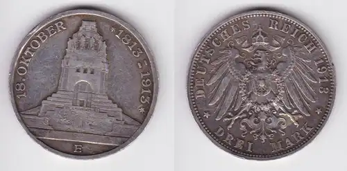 3 Mark Silber Münze Sachsen Völkerschlachtdenkmal Leipzig 1913 ss+ (163303)