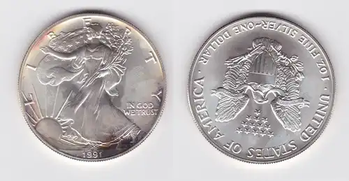 1 Dollar Silber Münze Silver Eagle USA 1991 1 Unze Feinsilber Stgl. (163341)