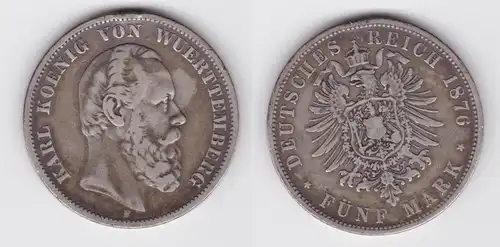 5 Mark Silbermünze Württemberg König Karl 1876 Jäger 173  (162803)