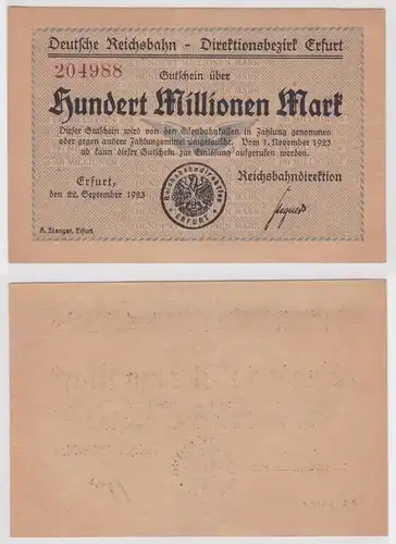 100 Millionen Mark Banknote Reichsbahndirektion Erfurt 22. Sept. 1923 (156496)