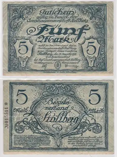 5 Mark Banknoten Notgeld Amtshauptmannschaft Stollberg 15.November 1918 (156461)