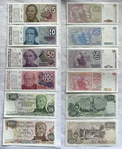 6 Banknoten Argentinien 5 - 100 Australes + 500-1000 Pesos kassenfrisch (162176)