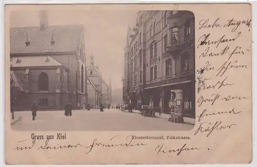 901117 Ak Gruß aus Kiel Klosterkirchhof und Falckstrasse 1903