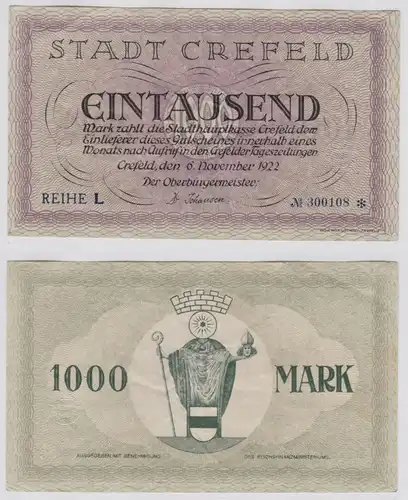 1000 Mark Banknote Inflation Stadt Crefeld 6.11.1922 (153832)