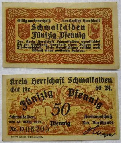 50 Pfennig Banknote Notgeld Kreis Herrschaft Schmalkalden 15.3.1917 (164671)