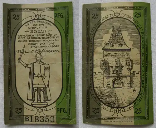 25 Pfennig Banknote Notgeld Städtische Sparkasse Soest Oktober 1919 (164706)