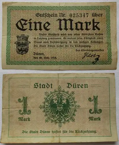1 Mark Banknote Notgeld Stadt Düren 20.11.1918 (164711)
